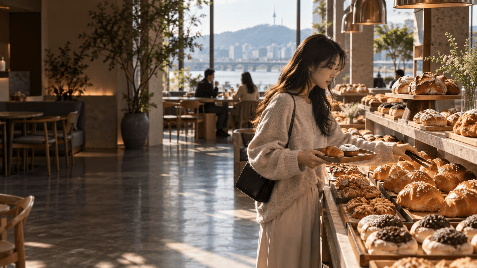 A visitor choosing bread at a modern Korean bakery café