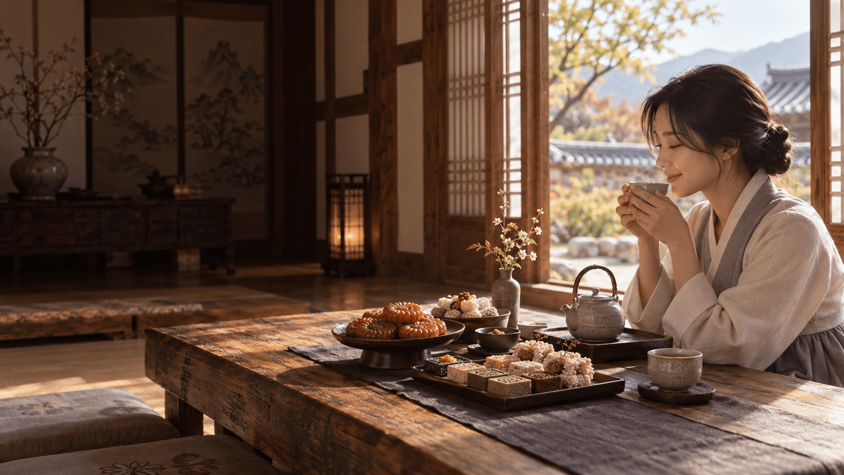 Traditional Korean tea and confectionery in a tea house