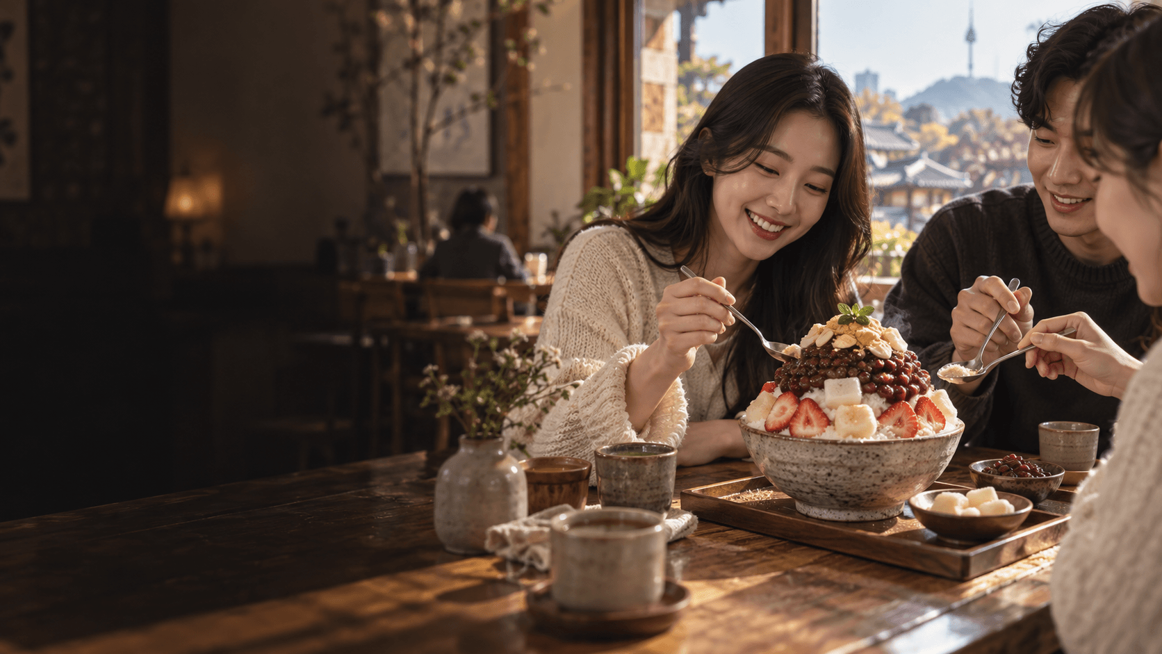 Friends enjoying patbingsu at a Korean dessert café