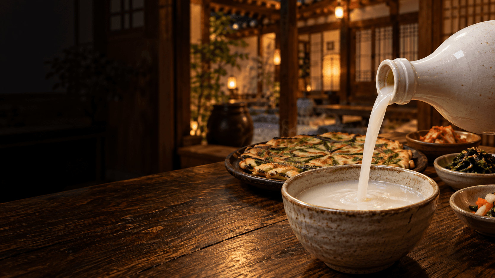 Makgeolli being poured into a ceramic bowl
