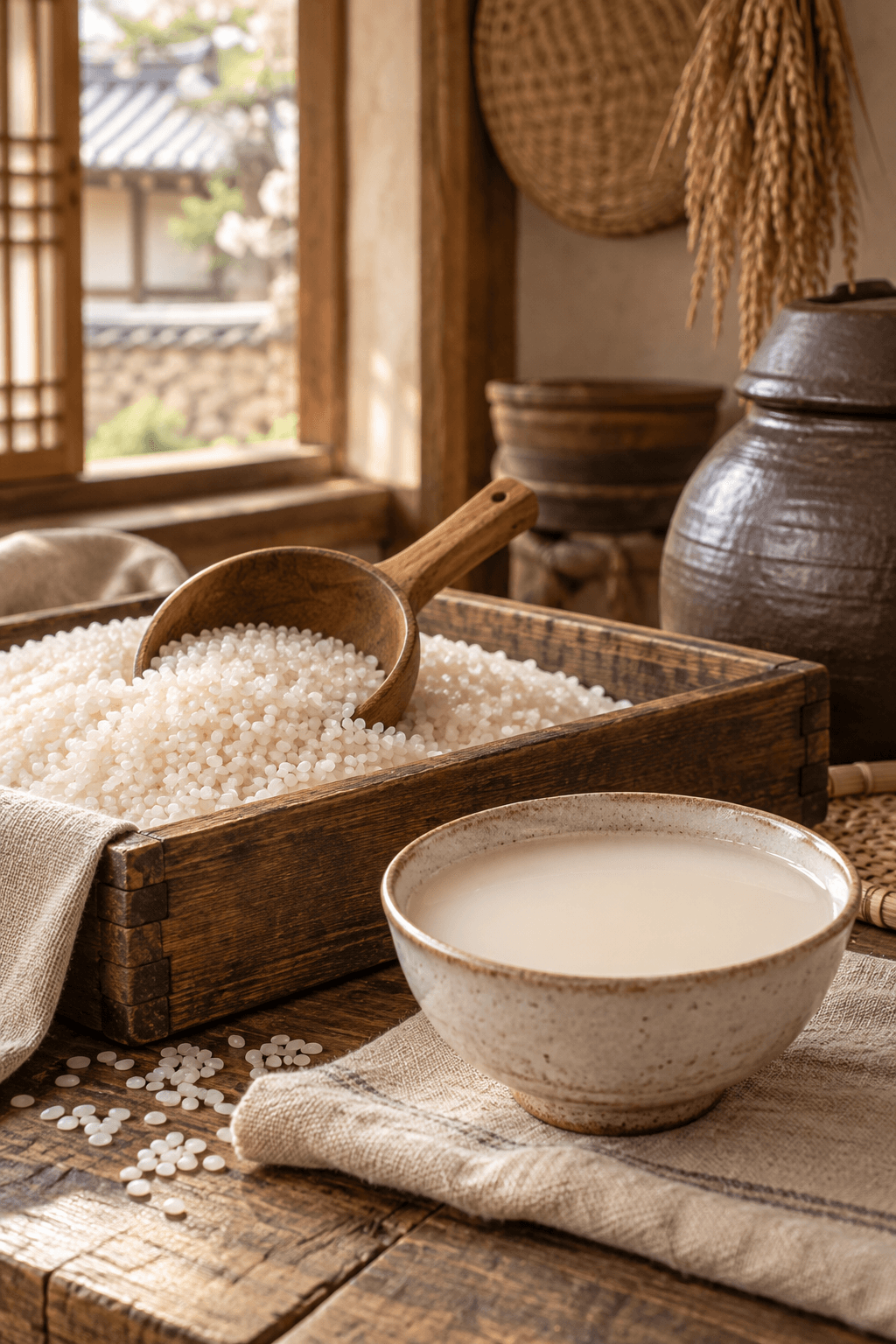 Rice, a scoop and Makgeolli