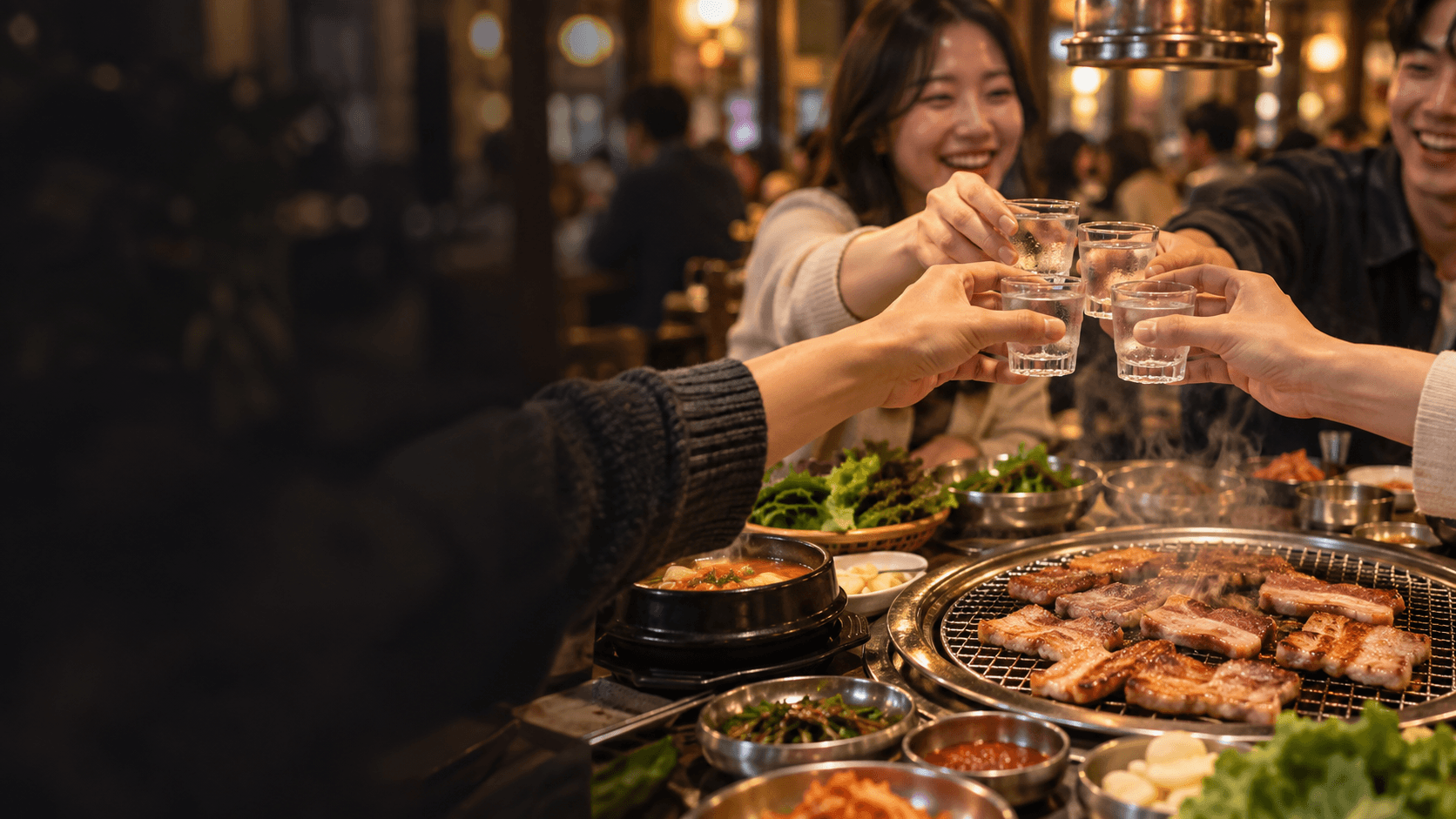 Friends toasting with soju