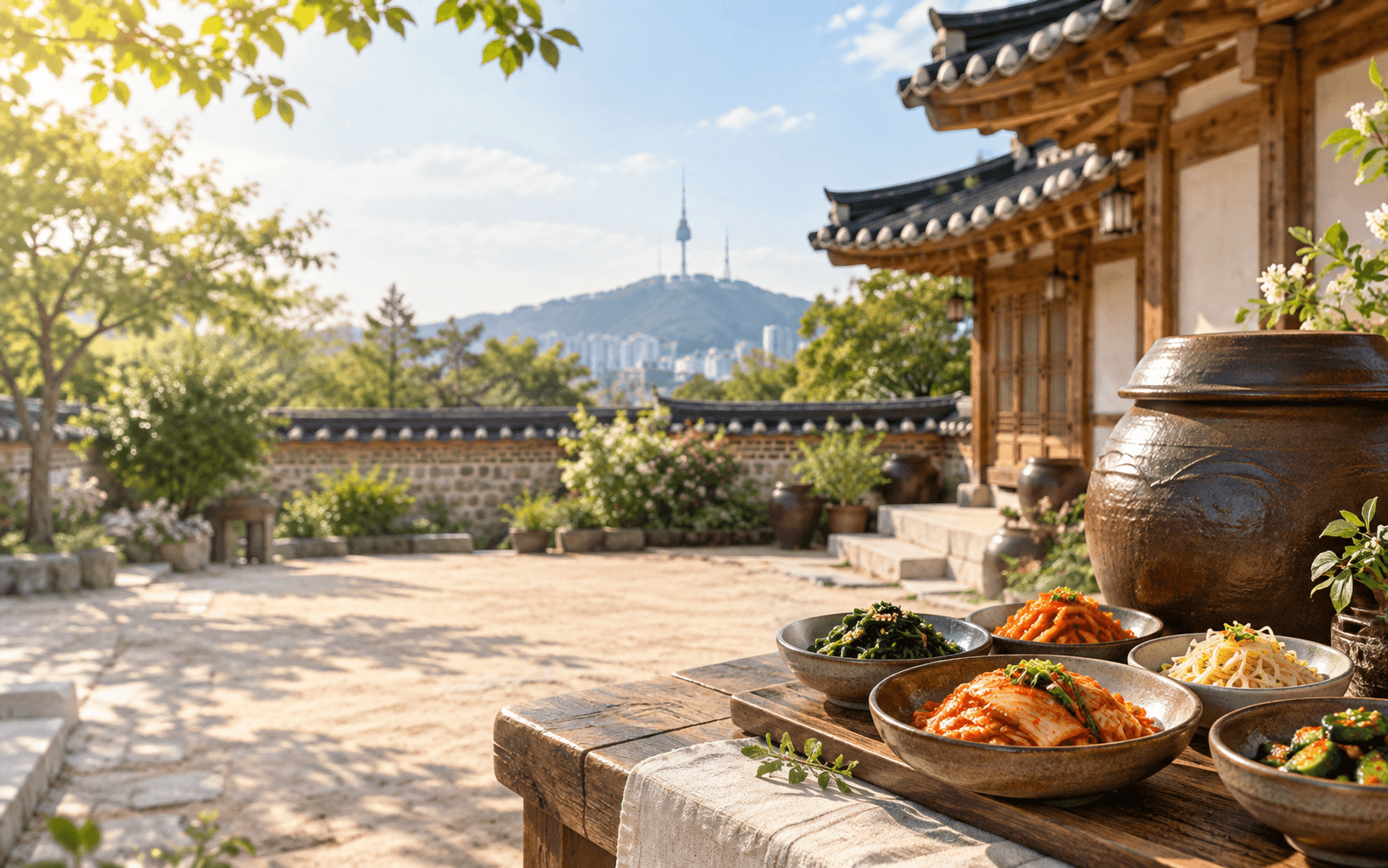 Korean food in a hanok courtyard