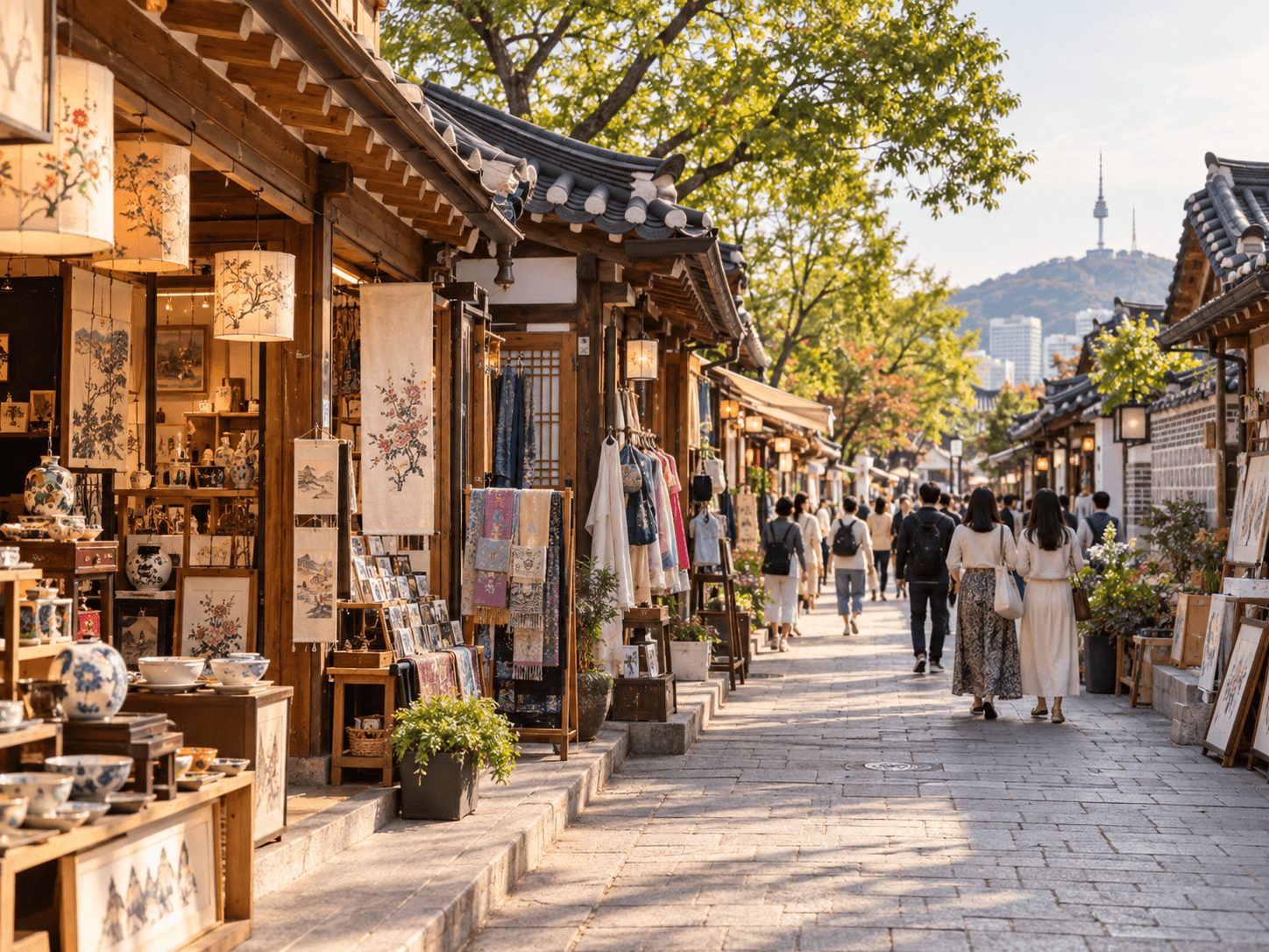 Insadong street in Seoul with Namsan Tower